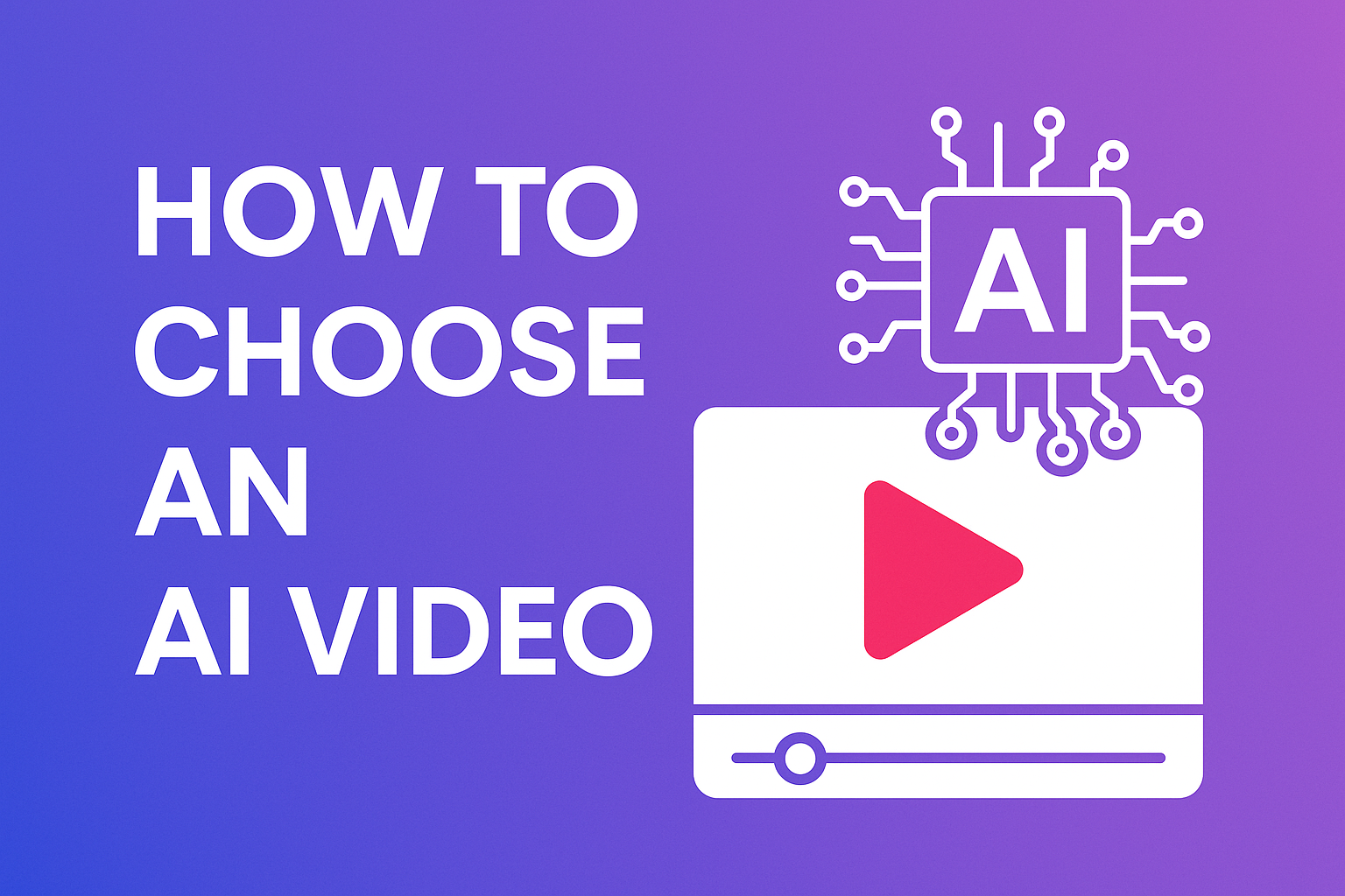Minh họa tiêu đề 'How to Choose an AI Video' với biểu tượng AI và giao diện trình phát video trên nền gradient tím xanh.