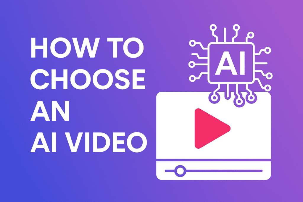 Minh họa tiêu đề 'How to Choose an AI Video' với biểu tượng AI và giao diện trình phát video trên nền gradient tím xanh.
